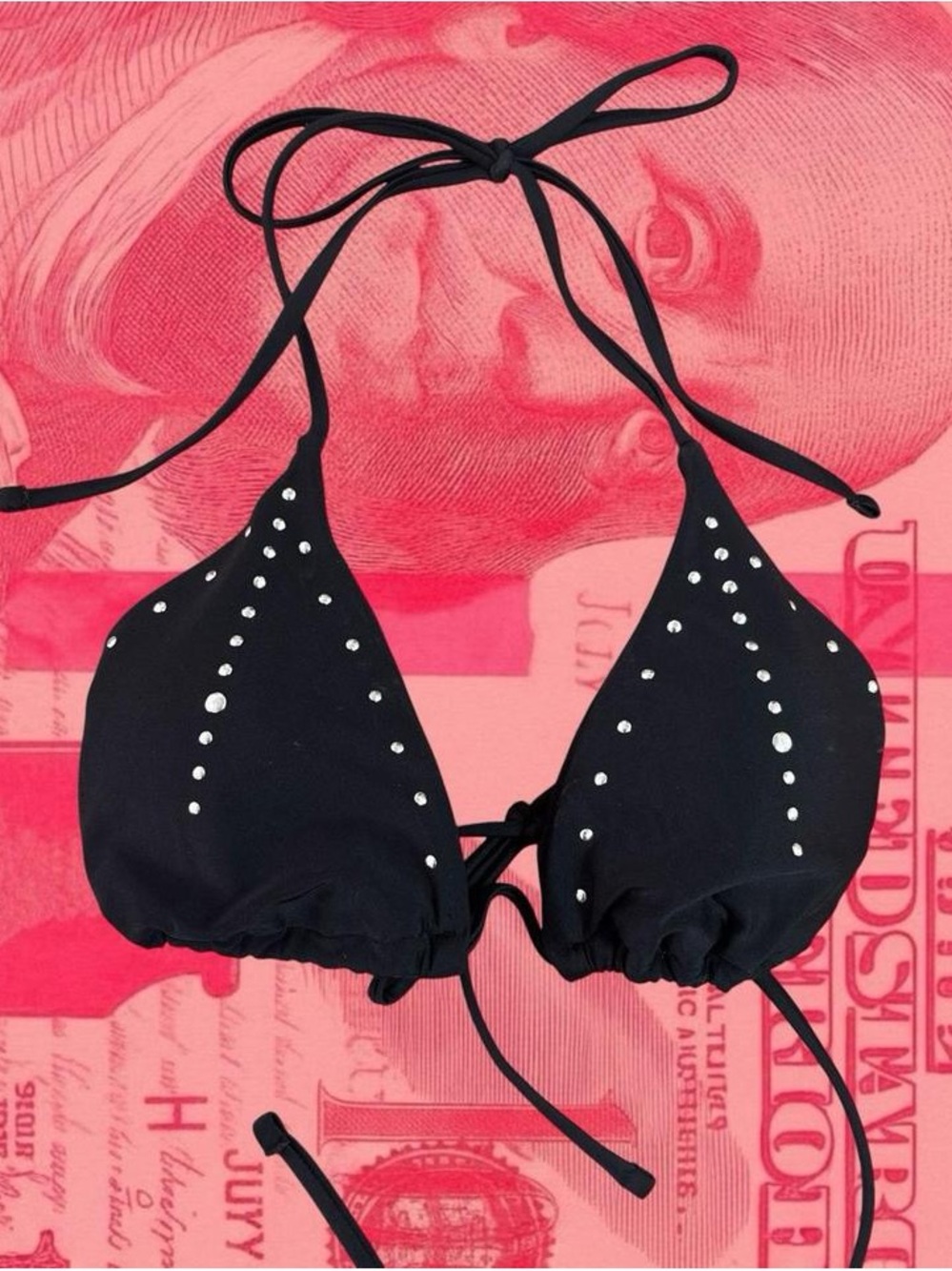 y2k black triangle bikini top with silver rhinestone studs detail